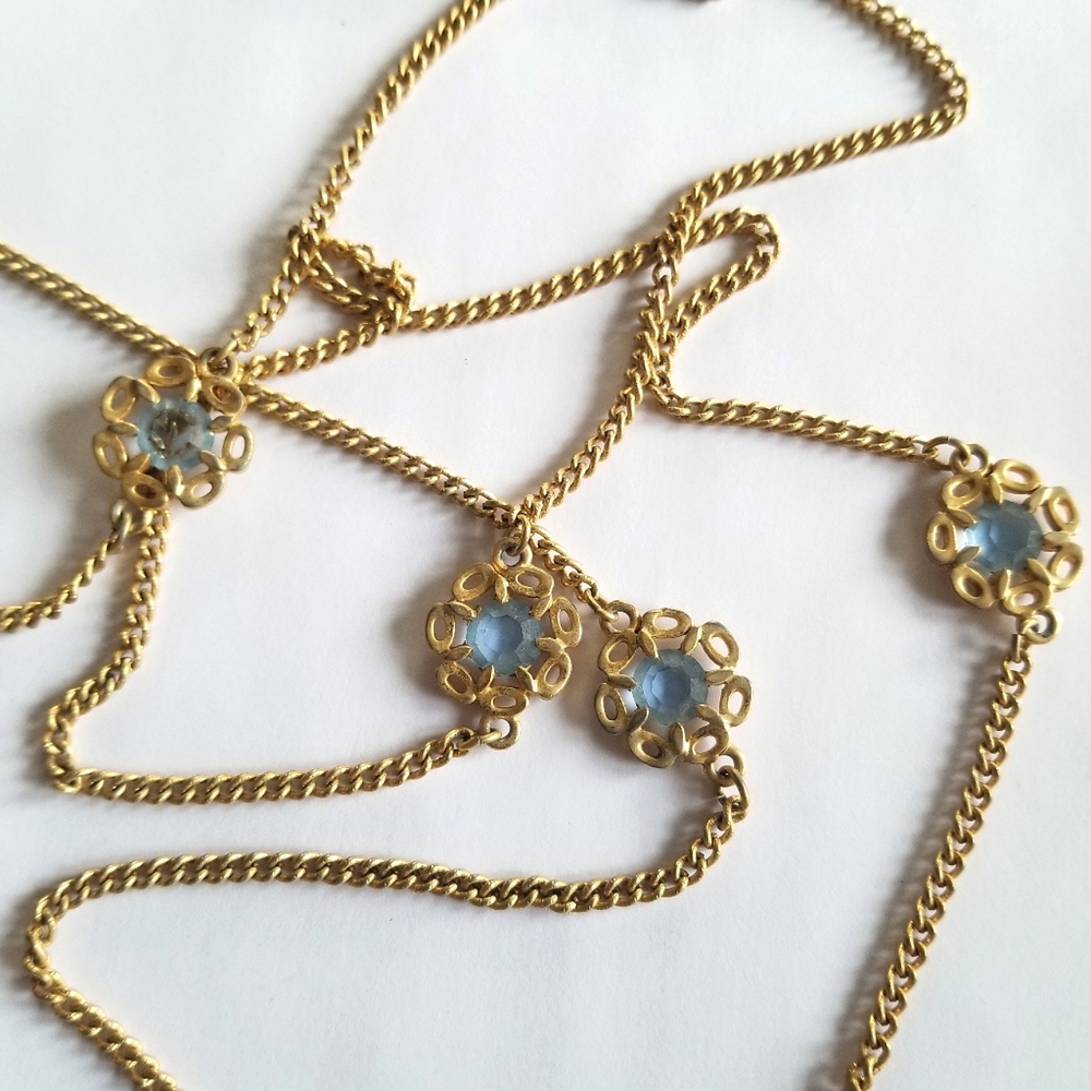 Vintage necklace blue rhinestones gold tone long flower floral boho hippie